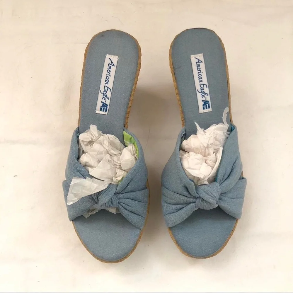 Y2K American Eagle Wedges Platform Chunky Blue Denim Knot Sandals Knot Boho 2000